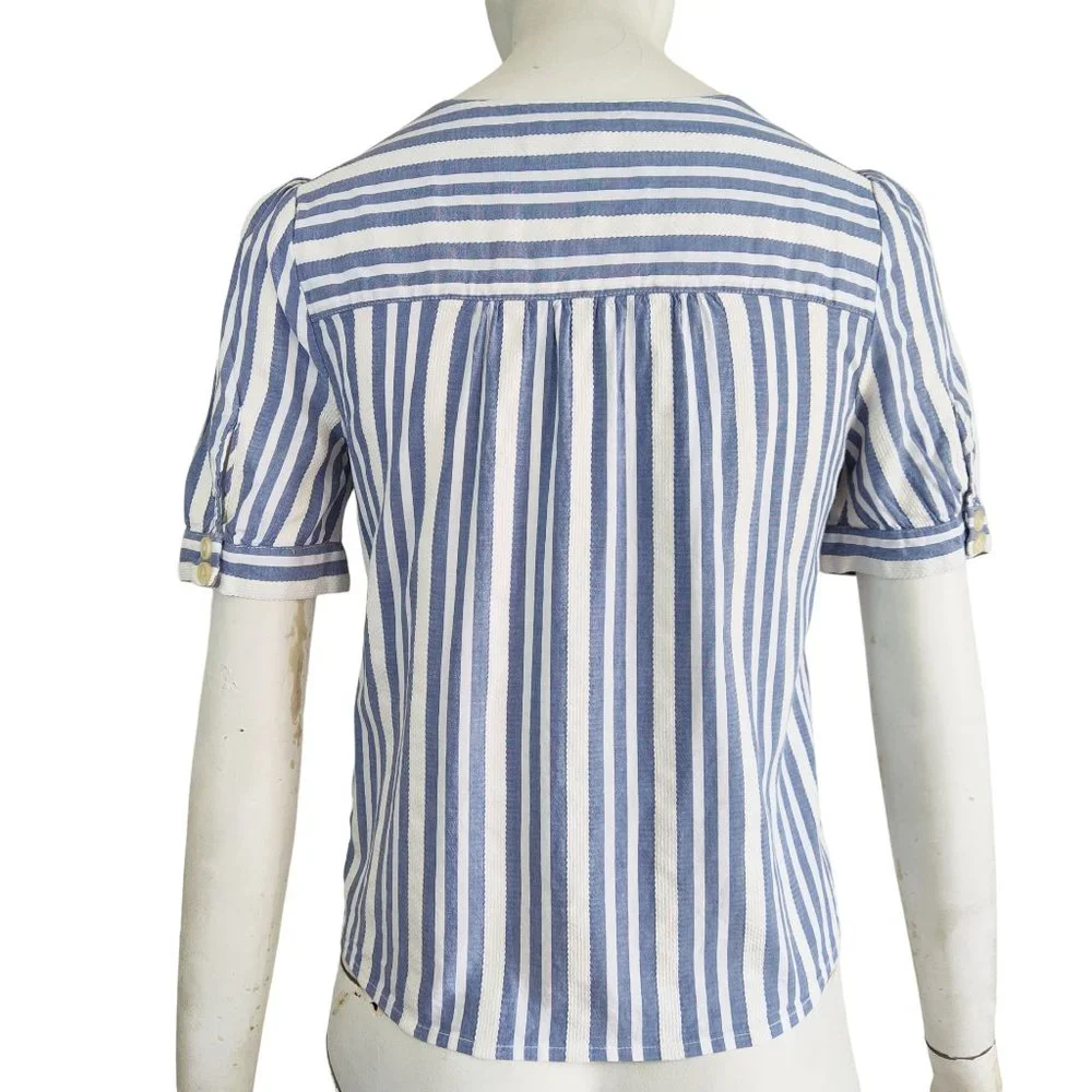 MADEWELL Plaza Coastal Coquette Stripe Button Front Cotton Viscose Blouse Sz XXS